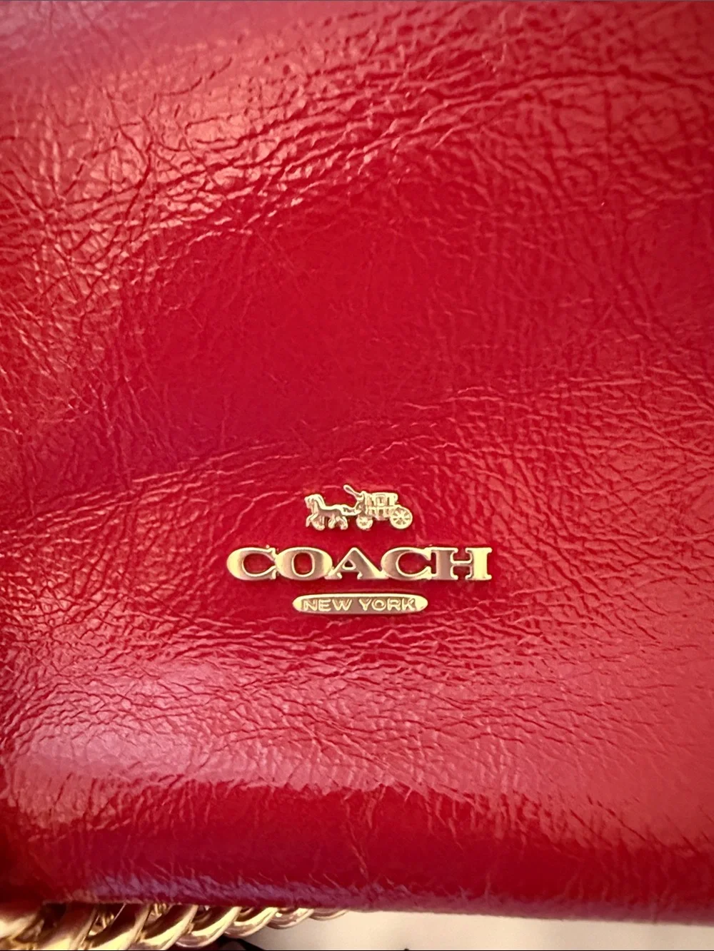 ❤️COACH NWT Mini Faye Cardinal Red Crinkle Cut Leather Drawstring Bag/Gold Chain